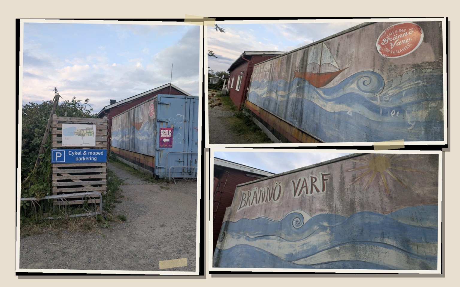 Collage med entrén och målningarna på Brännö Varv